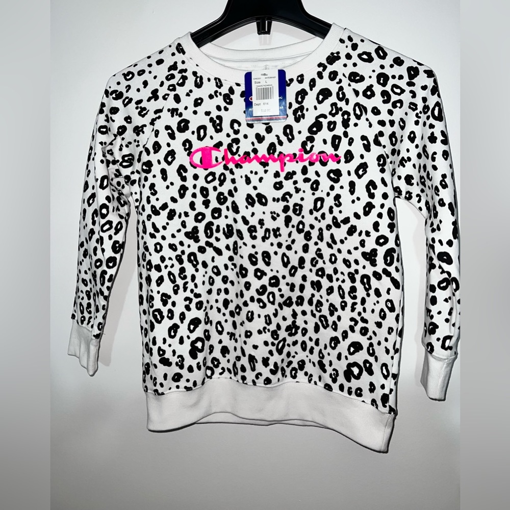 Champion Girls size Large Crewneck White & Black Cheetah Print Sweatshir…
